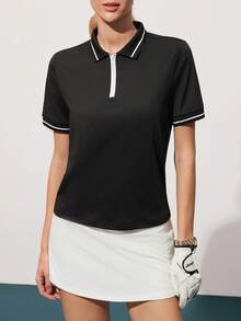 CourtClass 女士条纹拉链高尔夫球衫 网球上衣 女士网球高尔夫上衣 女士高尔夫上衣 - 黑色 - 查看 4