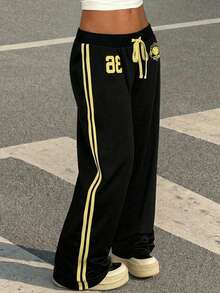 Muchica Black Knit Printed Casual Collegiate Style Pants,Summer Outfits For Women , Women's Joggers Black Track Pants Baggy Sweats - Black - View 1