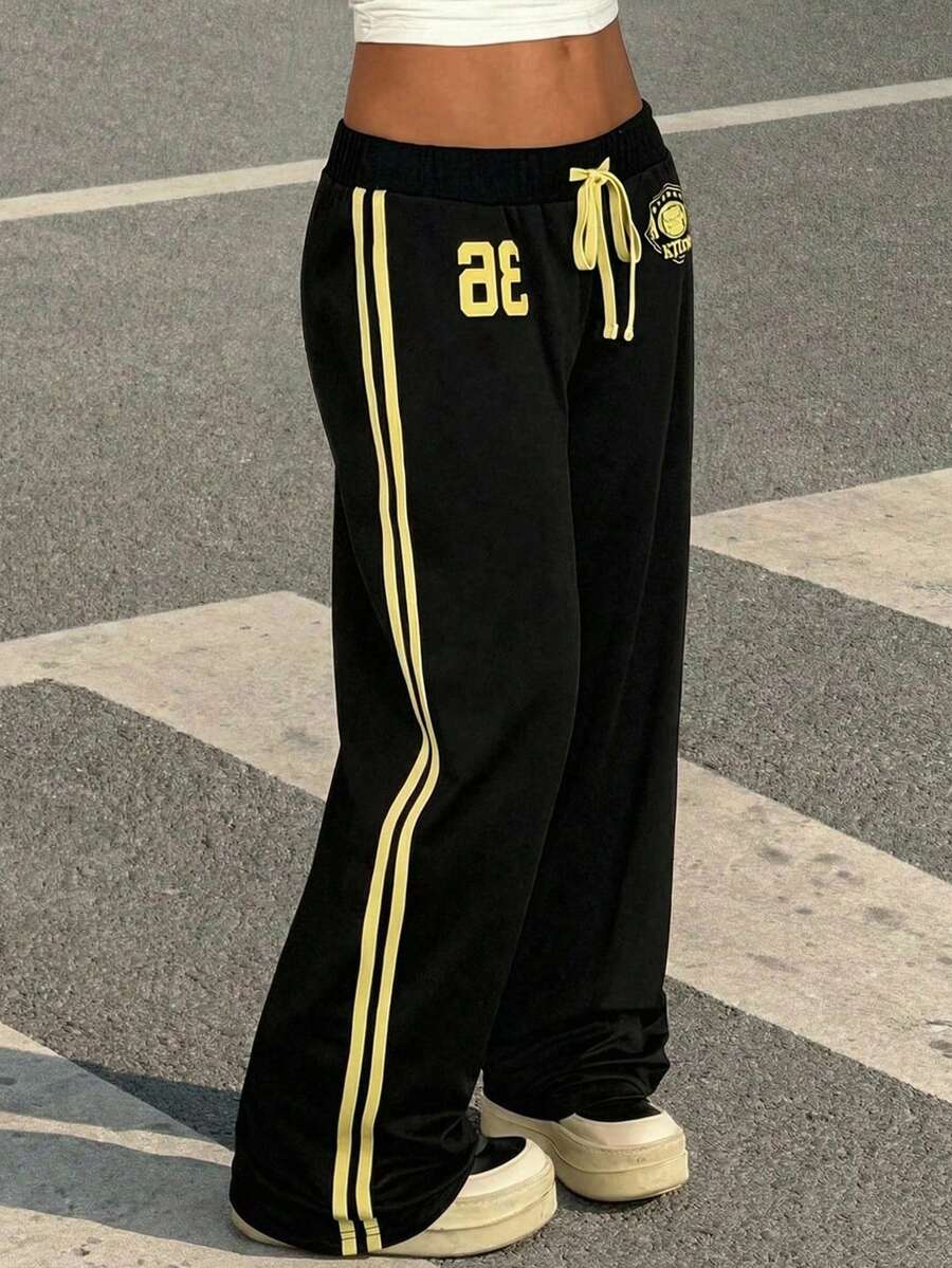 Muchica Black Knit Printed Casual Collegiate Style Pants,Summer Outfits For Women , Women's Joggers Black Track Pants Baggy Sweats - Black - View 1