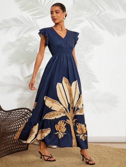 Amorya Women's Elegant Shirred Floral Print Waist Cinched A-Line Ruffle Hem Long Sleeve Maxi Dress, Suitable For Vacation, Date, Commute, Outing, Multi-Occasion, Women's Resort Wear, Women's Beach Vacation Outfit, Women's Summer Wear, Resort 2 Pieces Set Women's Day Elegant Gift For Mom Festival Outfit Beach Date Night Beach Vacation Outfits For Women Summer Outfit For Women