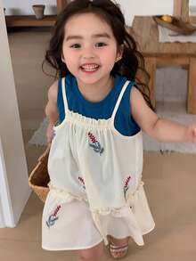 DAZY 女嬰花卉刺繡細肩帶洋裝與純色背心套裝 夏季幼兒 - 杏色 - 查看 5
