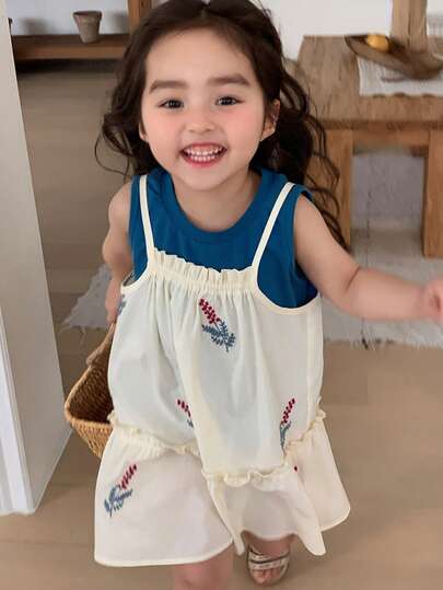 DAZY Baby Girl Floral Embroidery Spaghetti Strap Dress & Solid Color Camisole Set