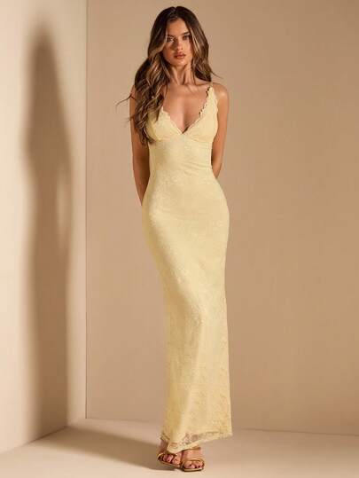 SHEIN BAE Women's Solid Yellow Lace Deep V Neck Bodycon Sheath Dress With Back Slit, Elegant And Sexy, Suitable For Party, Vacation, Banquet, Wedding, Night Out, Romantic Date