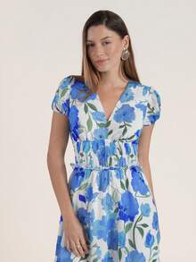 女士印花雪纺连衣裙，长款/中长款，泡泡袖，度假连衣裙，波西米亚风连衣裙，V领 - 藍白色 - 查看 8