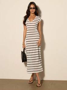 COSMINA Women's Elegant V-Neck Short Sleeve Striped Midi Knit Dress - Black and White - View 3
