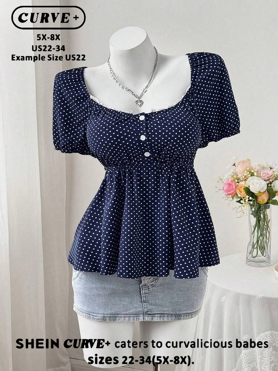 SHEIN CURVE+ Plus Size Women's Comfortable Square Neck Polka Dot Print Short Sleeve Blouse - Navy Blue - View 1