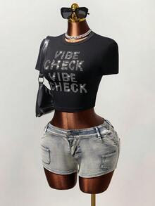 Mistrie Women's Round Neck Rhinestone Letter Print Fitted Casual Daily Short Sleeve T-Shirt , Summer Outfits  Summer Tops , Summer Clothes, Summer Outfits For Women  , Summer Top  , Summer Outfit For Women  Summer , Summer Outfits  ,Summer Clothes, Summer Outfits For Women  ,  Summer Outfit For Women - Black - View 5