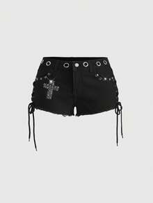 ROMWE Grunge Punk 大码女式朋克铆钉交叉串珠迷你低腰牛仔短裤 - 黑色 - 查看 1
