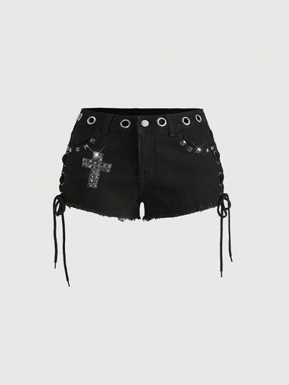 ROMWE Grunge Punk 大码女式朋克铆钉交叉串珠迷你低腰牛仔短裤