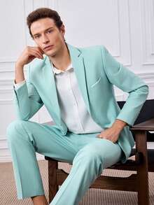 Officeau Men's 2 Pieces Elegant Suit Set, Men's Gentleman Solid Color Double-Breasted Slim-Fit Single-Breasted Business Suit Jacket And Pants Set, Suitable For Balls, Parties, Weddings, Etc., Mint Green, Size XS-3XL - Mint Green - View 10