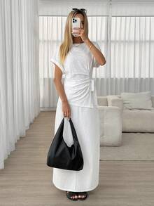 Easowa 夏季休闲纯色蝙蝠袖系带T恤 - 白色 - 查看 5