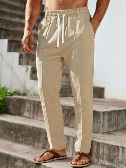 Manfinity RSRT Men's Casual Elastic Waist Drawstring Loose Pants, Suitable For Daily Wear, Travel, Beach, And Vacation. This Pant Is A Must-Have Item For Vacation Travel, And Makes A Great Gift For Boyfriends Or Husbands.Men Old Money,Daily Leisure, Weekend Trips, Outdoor Activities, Travel Expeditions, Relaxed Work Environments Or Semi-Formal Occasions, Boyfriend/Husband Gift, Anniversary /Birthday Gift Party Summer Vacation Holiday,Wedding,Spring To Summer,Easter,Men's Khaki Casual Drawstring Trousers Lightweight Relaxed Fit Pants For Summer,Beige Pants For Men,Men Drawstring Pants,Cream Joggers Men