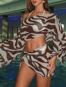 Bonvoyette 女士春夏沙滩套装，雪纺印花露肩长袖短款上衣，系带修身迷你裙，度假罩衫套装 - 咖啡棕 - 查看 4