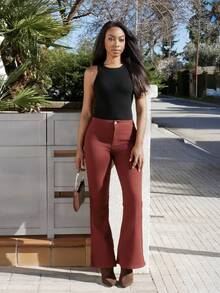 Yess Loren 女士高腰喇叭下摆休闲百搭牛仔裤加厚牛仔布 - 鏽棕色 - 查看 1