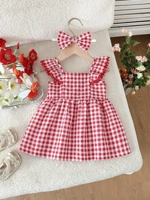 SHEIN 2件套女婴/幼儿夏季无袖水彩印花连衣裙和发带套装 - 紅色 - 查看 3