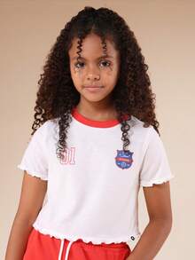 SUMWON Tween Girls Short Sleeve Ringer Tee And Shorts Co-Ord Set With Scalloped Hem Detail Red Contrast Trim Badge Print Summer Casual Outfit , World Cup - Multicolor - View 3