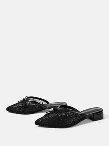 CUCCOO HITCHD 新款网眼蝴蝶结粗跟女式高跟鞋 - 黑色 - 查看 3