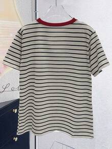Lalippa Vintage Colorful Striped Short Sleeve V-Neck T-Shirt, Casual Summer Top For Women - Brown - View 2