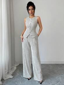 Elenzga Tall 女士休闲条纹纽扣装饰无袖修身露脐上衣和直筒裤两件套 - 彩色 - 查看 6