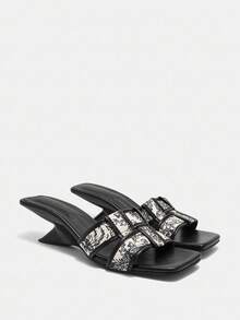 方头绑带性感优雅高跟凉鞋，露趾，韩版时尚，编织设计坡跟拖鞋，女士夏季 - 黑色 - 查看 8