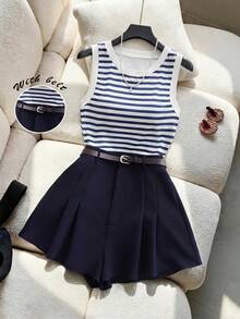 Franclia Women's Summer Elegant 2-Piece Set,Navy Blue Striped Sleeveless Knitted Tank Top & Pleated A-Line Shorts Outfit,Vacation Holiday Beach Casual Set - Blue - View 3