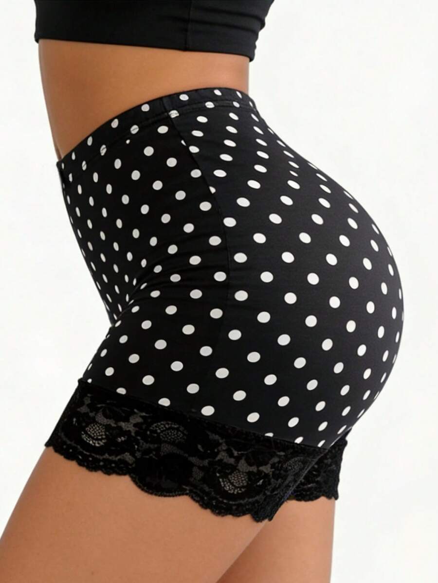 SHEIN Elenzya 大码女士休闲夏季蕾丝拼接波点印花短裤，高腰提臀瑜伽无缝紧身短裤，适合健身、骑行、返校、教师服装 - 黑色 - 查看 1