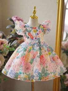 SHEIN Girls Ditsy Floral Dress, Children's Fashionable Princess Dress, Baby Summer Dress, Little Girl Summer Dress - Green - View 1