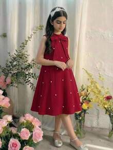 Pitira Đầm dài màu đỏ tía cho bé gái tuổi teen, đính ngọc trai và nơ, không tay, phù hợp cho trang phục thanh lịch của bé gái, đi học, dự tiệc sinh nhật, các dịp trang trọng, đám cưới, lễ rửa tội, lễ khai trương, đi học, du lịch, Halloween, dạ hội, hòa nhạc, Giáng sinh, năm mới, bé gái dự tiệc cưới - Màu Đỏ Sâu - Xem 4