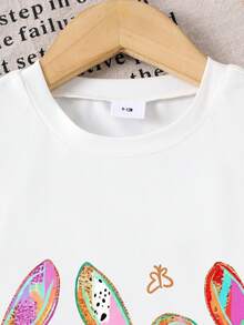 Playful Pals Baby Girl Cute Floral Bunny Letter Print Short Sleeve T-Shirt, Suitable For Easter And Summer - Multicolor - View 4