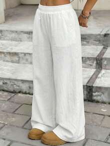 SHEIN 少女休闲百搭白色弹力腰梭织裤 - 白色 - 查看 2