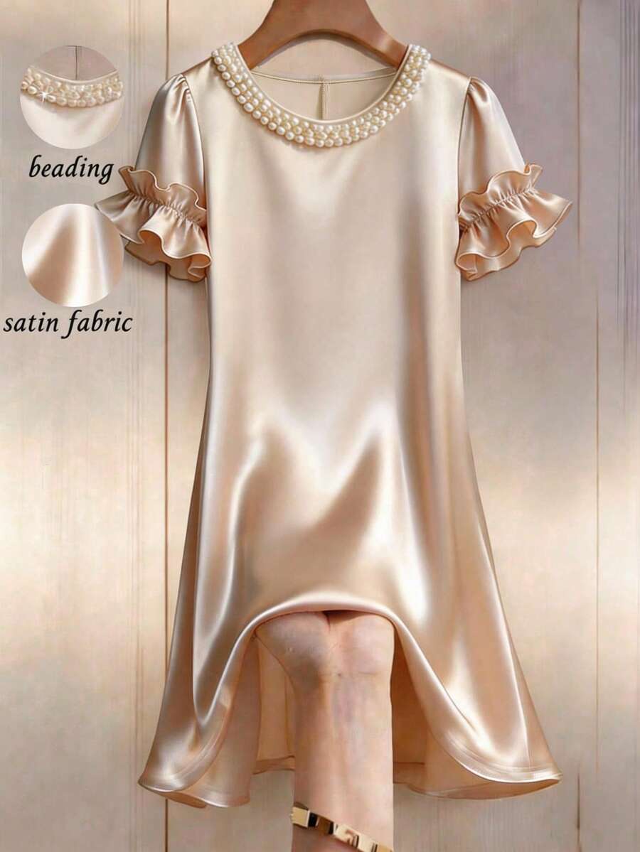 Franclia 法式优雅时尚百搭连衣裙 女装春夏新款串珠花瓣袖荷叶边腰部修身A字裙 - 香檳色 - 查看 1