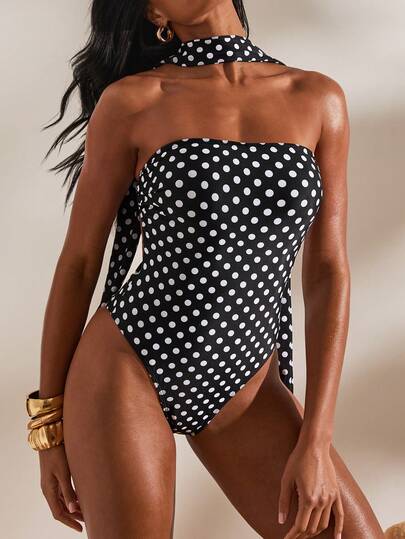 Opulessa Women's Polka Dot Print Fashionable One-Piece Swimsuit,Y2K Hot Girl Style Swimwear, Sexy Thong Bottom, Retro Inspired Swimwear Beachwear For Summer Beach Vacation, Pool Party, Sunbathing, Swimming, And Stylish Resort Looks, Music Festival, Mod&Vcay Vibes,Tropical,Mermaid,Bohemian,Ibiza,Western,Polka Dot