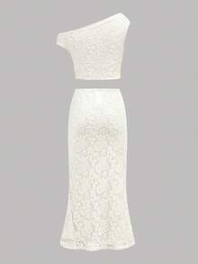 SHEIN Girlism 少女杏色优雅休闲蕾丝边不对称肩短袖T恤和半裙套装 - 杏色 - 查看 2