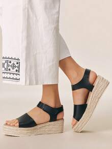 Styleloop Women's Fashion Solid Color Woven Casual Platform Wedge Sandals, Bohemian Vacation Retro Vespa Canvas Wedge Heel Ankle Strap Sandals, Spring Summer Shoes Spring Break Easter - Black 4 - View 3