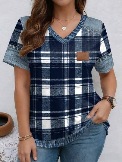 EMERY ROSE เสื้อยืดคอวีแขนสั้นลายทางพิมพ์ลายแพทช์เวิร์ค ขนาดใหญ่พิเศษ สำหรับฤดูใบไม้ผลิและฤดูร้อน