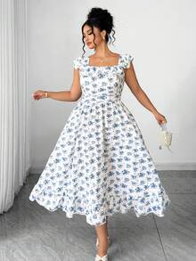 Elenzga Plus Size Elegant Ditsy Floral Sleeveless White Summer Bridal Wedding Guest Dress, Ruffle Strap Picnic Photoshoot Dresses For Women, Wedding - Blue and White - View 4