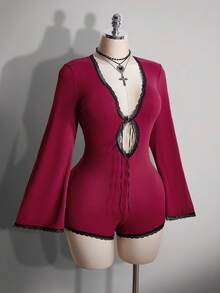 SHEIN ICON 大码女式蕾丝拼接镂空时尚休闲连体衣 - 酒紅色 - 查看 9