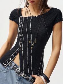 Bohemela Casual Solid Color Knit Fitted Blouse For Women,Summer Top - Black - View 4