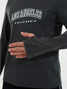 Manfinity Acti Log 男士字母印花长袖运动T恤 - 深灰色 - 查看 5