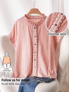 CosyJoli 大码女式花卉蕾丝边衬衫，蝙蝠袖宽松纽扣格子衬衫，休闲春夏短袖复古衬衫 - 紅木色 - 查看 3