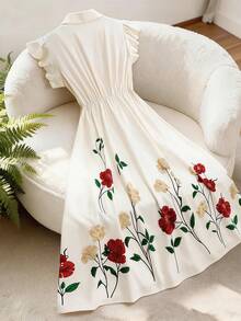 GlowEve 女士杏色花卉印花领珍珠纽扣腰部A字喇叭袖设计，魅力优雅甜美可爱，适合日常度假通勤时尚约会法式街头复古百搭春夏杏色新款喇叭袖中长连衣裙 - 彩色 - 查看 2