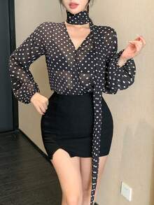 DAZY 女士波点缎带设计时尚百搭日常衬衫 - 黑色 - 查看 6