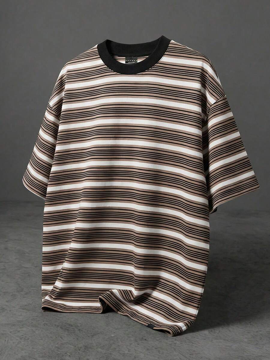 SUMWON Oversized Crew Neck Short Sleeve Striped T-Shirt With Horizontal Multicolor Pattern Casual Everyday Jersey Top For Summer Spring Weekend - Coffee Brown - View 1