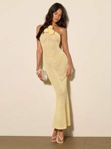 COSMINA 女士钩针连衣裙，无袖露背修身美人鱼针织连衣裙，杏色和浅黄色，优雅休闲Y2K浪漫沙滩裙 - 淡黃色 - 查看 1