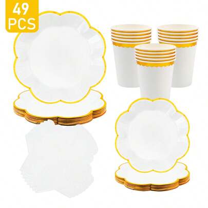 Bộ đồ dùng dùng một lần gồm đĩa giấy hình bát giác màu trắng tinh, viền nhũ vàng, dành cho 8 người. Bộ đồ dùng tiệc dùng một lần này, bao gồm đĩa, khăn ăn và cốc, rất phù hợp cho các bữa tiệc sinh nhật, đám cưới và dã ngoại gia đình.