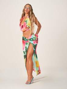 MISSGUIDED Damen Tropical Blumen Muster Trägertop und Wickel Maxi Rock Zwei-Teiler Urlaubs Strand Resort Sommer Koordinations-Set - Verschiedenfarbig - Übersicht 5