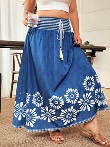 Weeklong Plus Size Women's Summer New Bohemian Style Blue Print Tassel Tie Vintage Drape Skirt. Suitable For: Vacation, Casual Daily, Light Social Occasions, Sightseeing, Beach, Ancient Town Beach Skirt For Women Women's Summer Outfits - Blue - View 4
