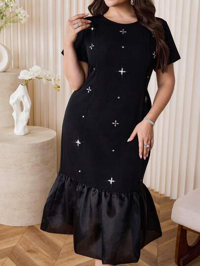 Modelyn 大码女式圆领短袖水钻装饰荷叶边下摆优雅连衣裙