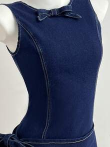 Elamini Fashionable Round Neck Tie-Up Raw Wash Fitted Denim Dress - Dark Wash - View 4