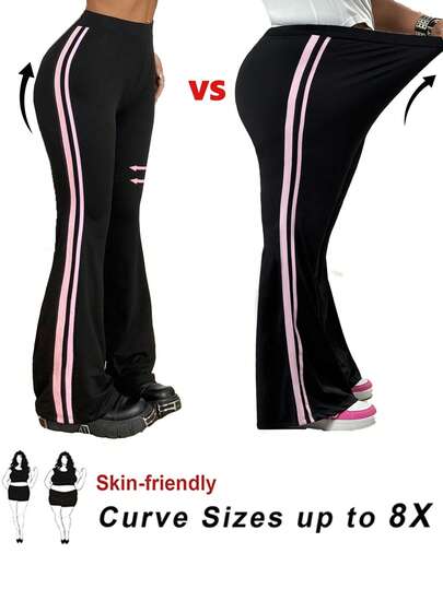 SHEIN CURVE+ Plus Size Women's All Season Streetwear Casual Basic Elastic Cool Feeling, Anti UV Fabric Black Yoga Bell Bottom Pants